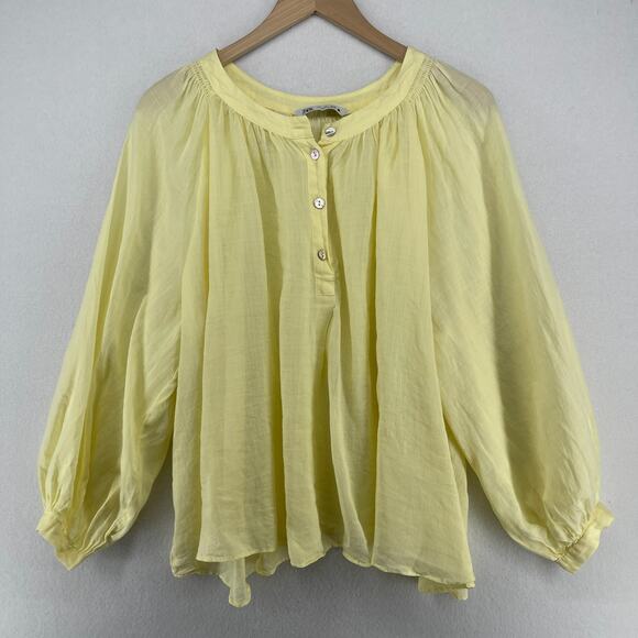 ZARA Top Womens L Popover Smocked Blouse Balloon Sleeve Ramie Cotton Yellow - Picture 1 of 12
